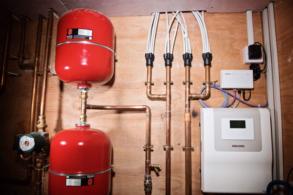 Expansion vessels and heating controls in a plant room