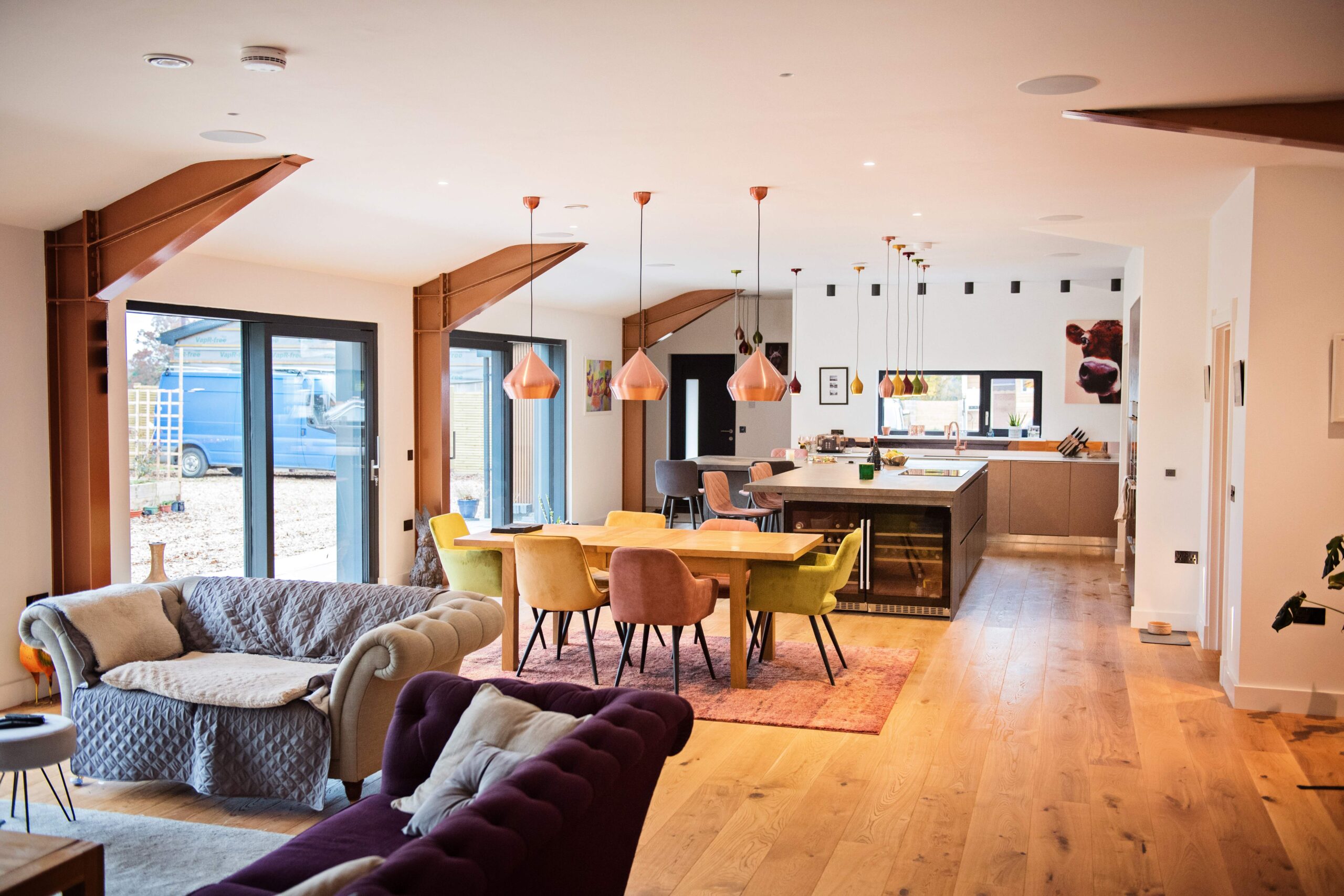 Open-plan living and dining room in a renovated home